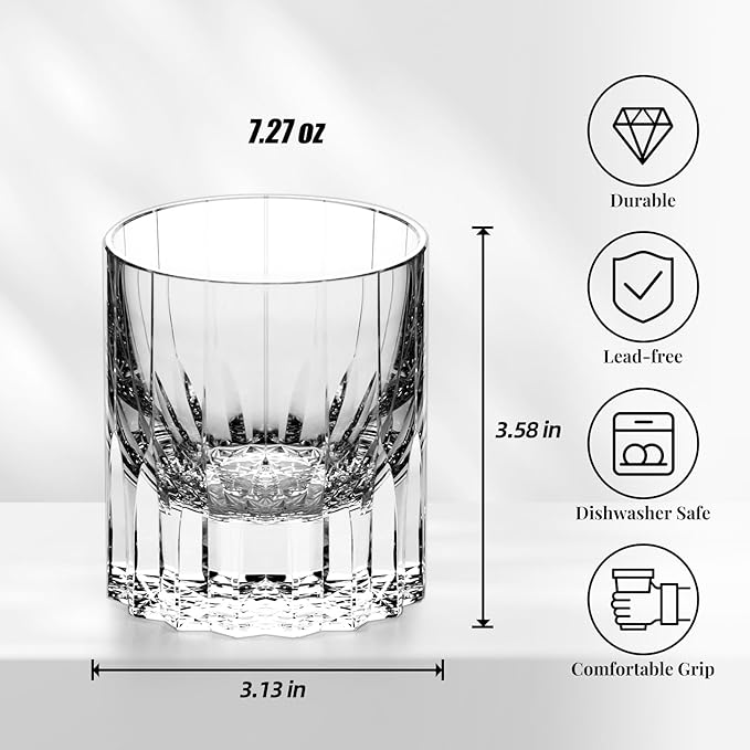 KAMMAK Crystal Whiskey Glasses Set of 2, 7.27oz Old Fashioned Glasses Stemless, Hand Blown White Cocktail Glasses, Engagement Gifts for Couples, Women, Men-Ruum Studio Home