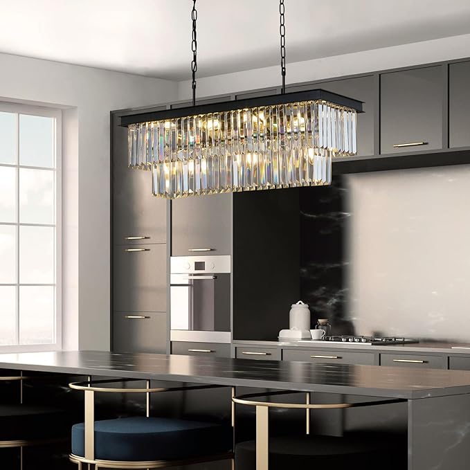 Crystal Chandeliers for Dining Room 11-Light Black Modern Chandelier Rectangle Contemporary Pendant Light Fixture for Kitchen Island Bar L33.5 Inch-Ruum Studio Home
