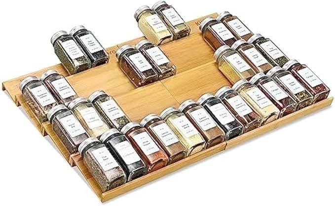 Spice Drawer Organzier,4 Tiers- 8Pcs Bamboo Spice Rack Tray Insert for Cabinet Drawer Countertop, Kitchen Seasoning Storage Drawer Organization,22" Wide x 15.8" Deep （Hold UP To 48 Jars-Ruum Studio Home