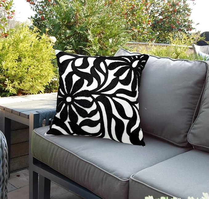 Alysheer Farmhouse Floral Leaves Embroidered Decorative Throw Pillow Cover 18x18 inches, Boho Tufted Flowers Embroidery Pattern Chic Cotton Cushion Case for Couch Bed Sofa Living Room(Black)-Ruum Studio Home