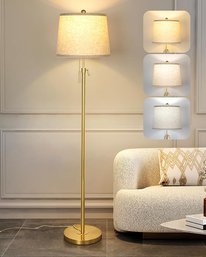 Gold Floor Lamp for Living Room 55-65" Adjustable Modern Brass Standing Lamp with Pull Chain Tall Pole Light with Beige Shade for Bedroom Reading Office Corner Nursery 9W LED Bulb Included 3 ColorTemp-Ruum Studio Home