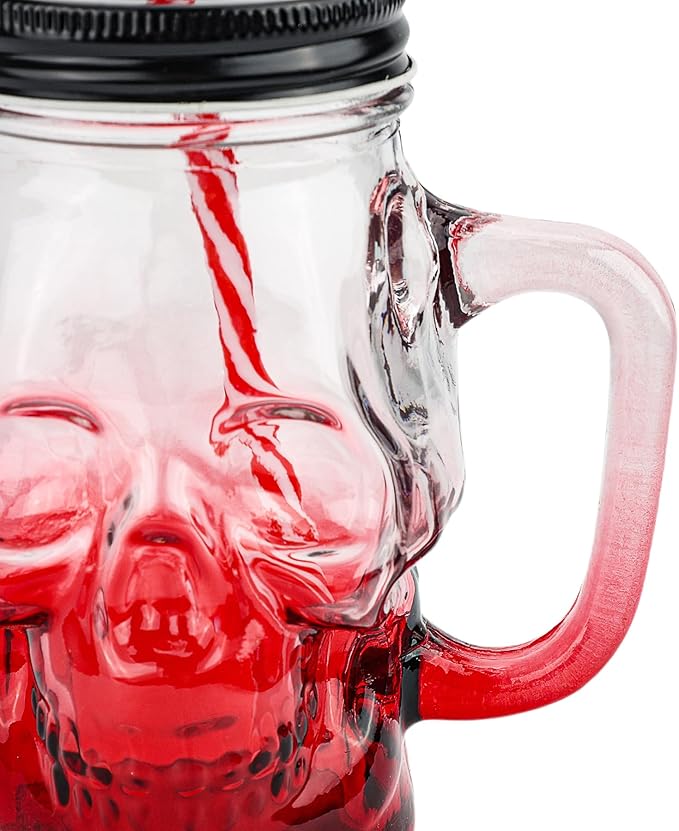 Halloween Cups Set of 4 - Skull Mason Jar with Lids Straws and Handle - Colorful Drinking Glasses for Halloween Party Bar Decor, 16 oz-Ruum Studio Home