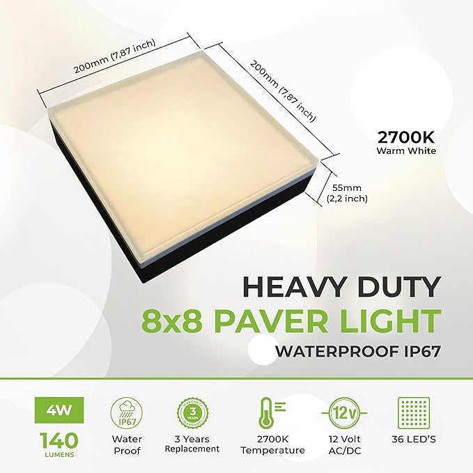 LUMENGY Paver Light 8×8 Inch (7.87 inch X 7.87 inch), Warm White Glare-Free Illumination for Driveways, Pathways, Pool Deck & Patios, 2700K Warm White, 12V AC/DC, Waterproof & Drive-Over Rated-Ruum Studio Home