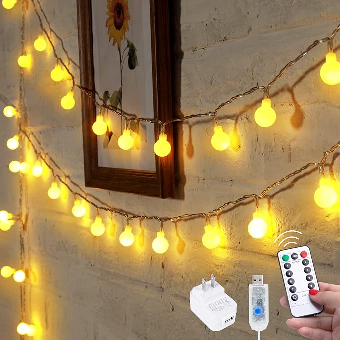 33Feet 100 LEDs Globe String Lights, 8 Modes USB Ball String Lights with Remote for Indoor/Outdoor Commercial Decor, Gardens, Patio, Wedding, Party, Bedrooms, Christmas Decorations, Warm White-Ruum Studio Home