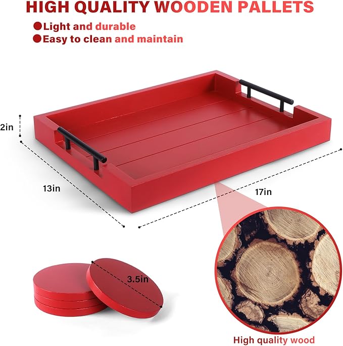Coffee Table Decorative Serving Tray - 17x13 Inch Wood Tray with 4 Wooden Coasters - Ideal for Ottoman, Breakfast-Ruum Studio Home