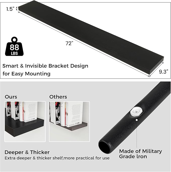 Floating Shelves for Wall, Large Wall Mounted Shelves with Invisible Brackets, Long Wood Floating Shelf for Living Room, Bedroom, Kitchen, (Black, 72" W x 9" D x 1.5" H)-Ruum Studio Home