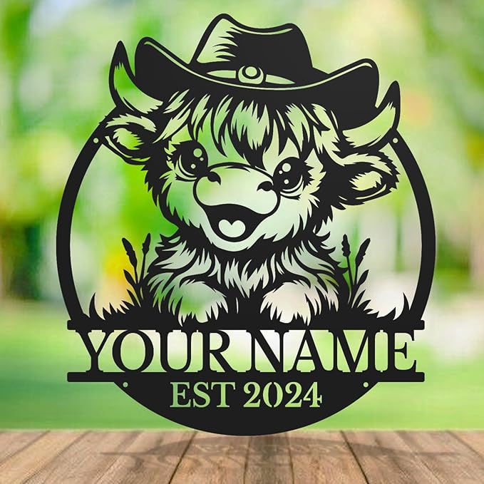 Personalized Highland Cow Name metal Signs,Custom Highland Cow Metal Shed Wall Decor,Black Metal Wall Art Plaques Outdoor wall Decorative Signage (Style A)-Ruum Studio Home