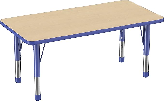 FDP Rectangle Activity School and Kids Classroom Table (24 x 48 inch), Toddler Legs, Adjustable Height 15-24 inches - Maple Top and Blue Edge-Ruum Studio Home