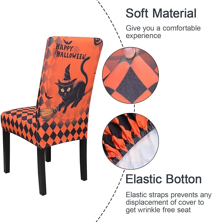 JQinHome Orange Halloween Chair Slipcover,Cat Chair Covers Set of 6, High Stretch Washable Chair Protector Cover for Dining Room, Kitchen,Home Party,Wedding Ceremony(Cat Orange,6PC)-Ruum Studio Home
