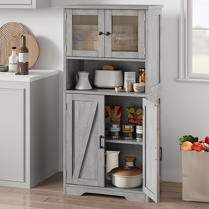 GarveeHome 54in Tall Bathroom Cabinet, Farmhouse Storage Cabinet with Glass Doors and Adjustable Shelves, Freestanding Kitchen Pantry Cabinets, Cupboard for Living Room, Dining Room, Gray-Ruum Studio Home