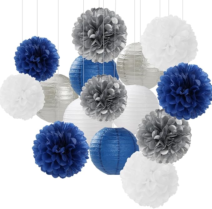 Navy-Blue Silver Party-Decorations Paper-Flowers Lanterns - 15PCS Birthday Royal White Wedding Tissue Pom Poms Streamers,Baby Bridal Shower Bachelorette Graduation Hanging Supplies Decor Hugfond-Ruum Studio Home