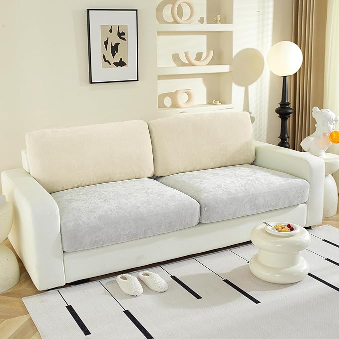 Large Backrest Cushion Covers Super Stretch for 2 Couch Back Cushions, Featuring Chenille Yarn (Softer Version, 2PC, Beige)-Ruum Studio Home