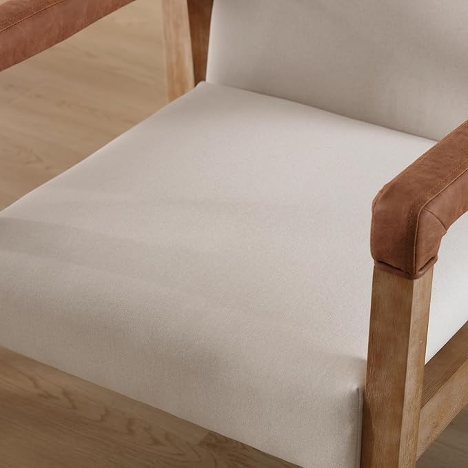 Mid Century Modern Dining Chairs Set of 4 Fabric Upholstered Living Room Side Chair, Kitchen Arm Chair with Solid Wood Legs for Home Restaurant, Linen White-Ruum Studio Home