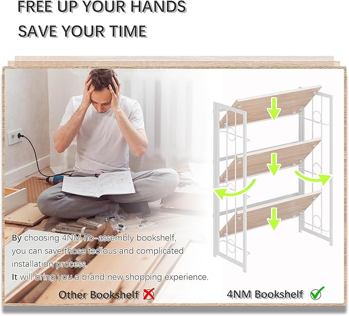 4NM No Assembly 3 Tiers Folding Bookshelf, 35" H Foldable Storage Shelves Vintage Bookcase Standing Racks Study Organizer Home Office - Natural White-Ruum Studio Home