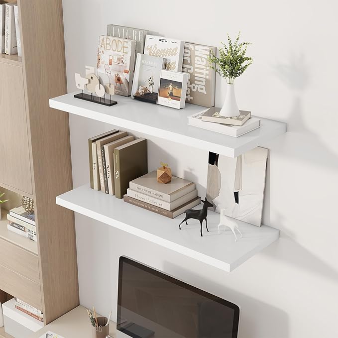 36" Floating Shelves for Wall, 12" Deep Slim White Floating Shelves, Wall-Mounted Shelves for Bedroom, Living Room, Kitchen, Bathroom - Set of 2-Ruum Studio Home