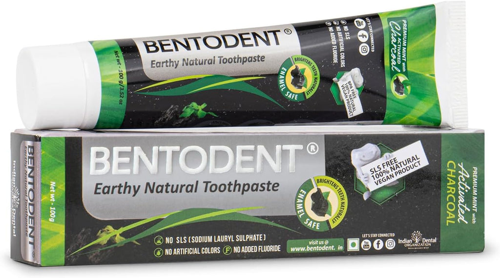 BENTODENT Teeth Whitening Bentonite Clay & Activated Organic Charcoal Toothpaste & Scraper - Detox,Tea Tree, Fluoride Free Adult, Vegan, Travel 3.52 oz-Ruum Studio Home