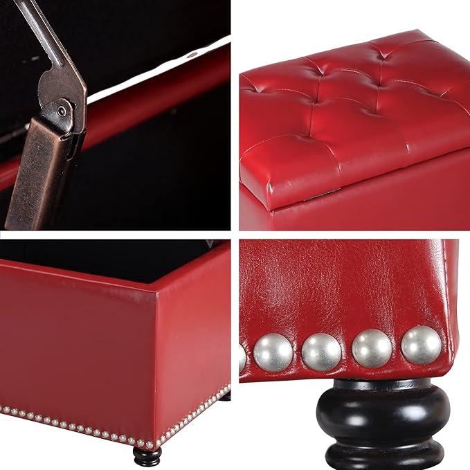 24'' Leather Storage Ottoman Rectangular Foot Rest Stool with Nailhead Trim for Bedroom Living Room(Red)-Ruum Studio Home