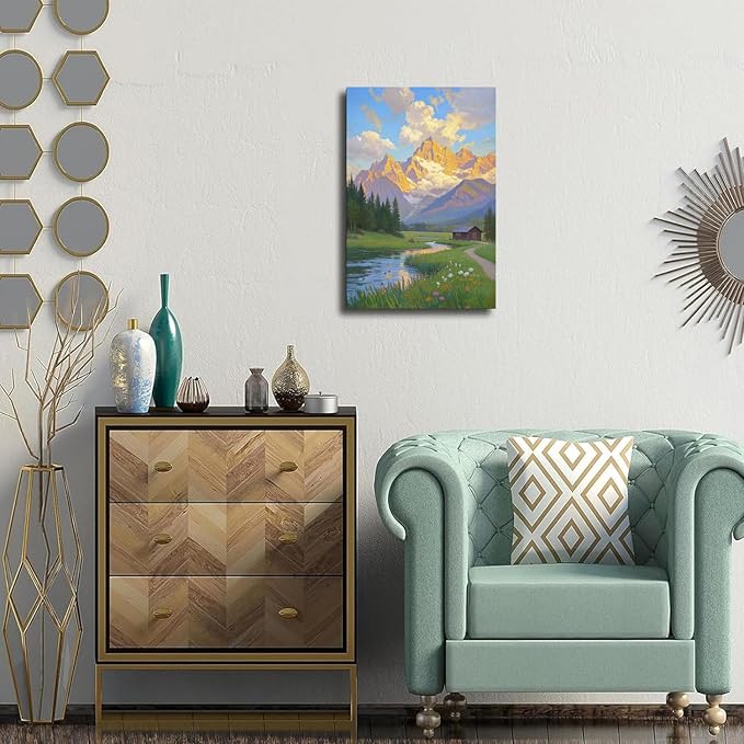 The mountain stream and lawn scenery under the sun is suitable for posting in the living room bedroom office landscape poster wall painting-Ruum Studio Home