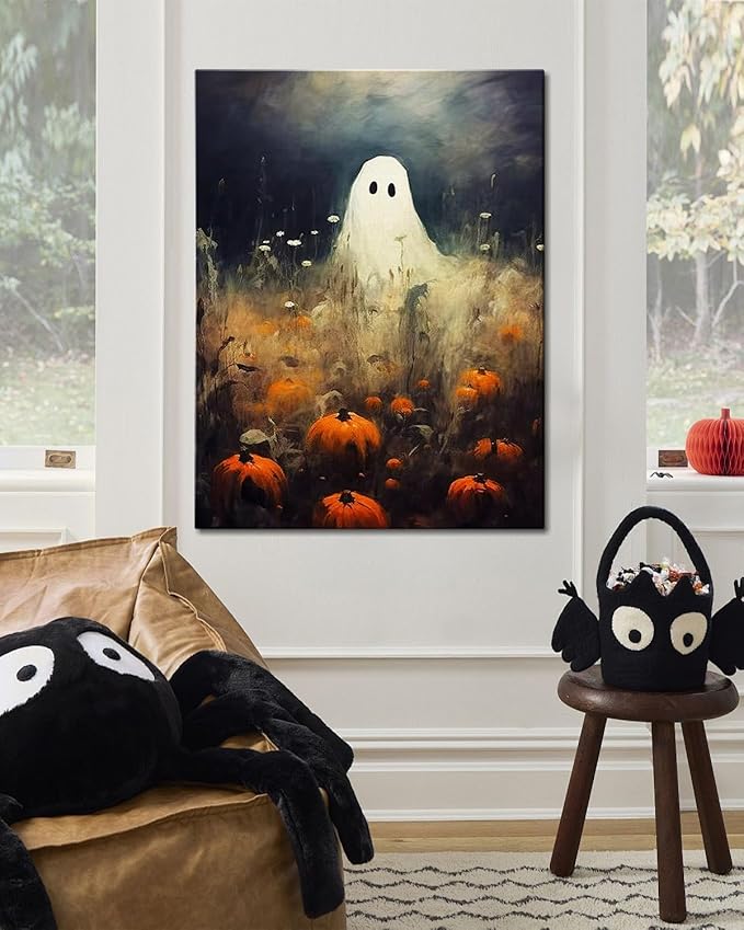 Halloween Canvas Wall Art, Spooky Ghost in Pumpkin Patch Poster, Vintage Gothic Fall Decor, Dark Academia Fall Decor for Living Room, Framed Indoor Halloween Decorations-Ruum Studio Home
