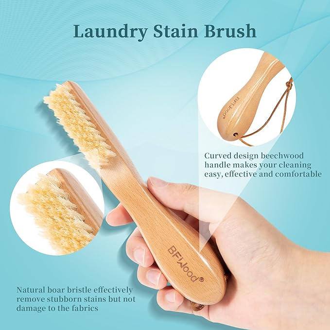 BFWood Laundry Stain Brush, Natural Soft Boar Bristles, Removes Tough Stains from Delicate Fabrics Like Knits, Cotton, and Linens, Gentle on Fabrics, No Damage-Ruum Studio Home