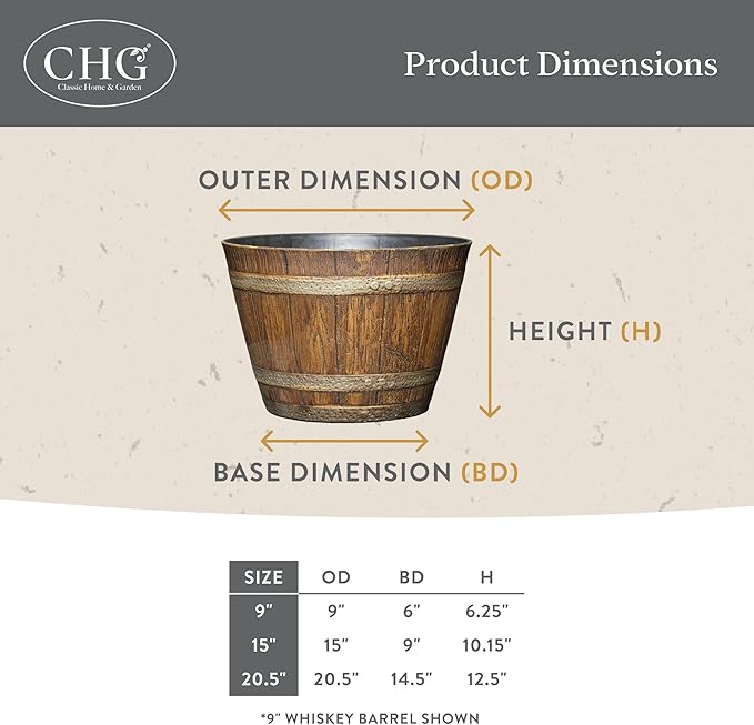 Classic Home & Garden Whiskey Barrel Planters - Wooden Finish Flower Planter Pot - Decorative Garden Pots - Indoor & Outdoor Resin Planters - Weather-Resistant Planting Pots (15” Oak Brown, Pack Of 1)-Ruum Studio Home