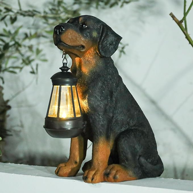 Garden Dog Statues Outdoor Decor, 13" Solar Powered LED Lights Outdoor Statue Garden Decorations Rottweiler Figurine for Patio, Lawn, Yard Art Decoration, Housewarming Garden Gift-Ruum Studio Home