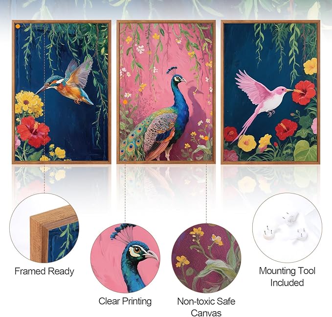 Aurlan Colorful Birds Flowers Framed Wall Art(16"x24"), 3PCS Large Classic Elegance Hummingbird Peacock Canvas Artwork, Vintage Abstract Watercolor Peony Floral Willow Decor for Home Office Bedroom-Ruum Studio Home