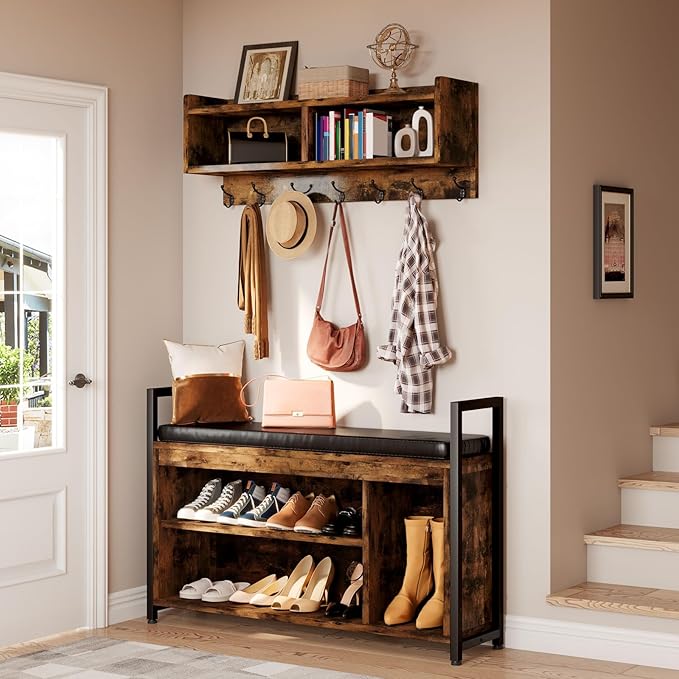 YITAHOME Coat Rack Shoe Bench Set, Wall Coat Rack with Shoe Storage, Industrial Entryway Shoe Bench with Coat Rack, 2 Storage Cubbies with Lip Top for Entryway, Hallway, Rustic Brown-Ruum Studio Home
