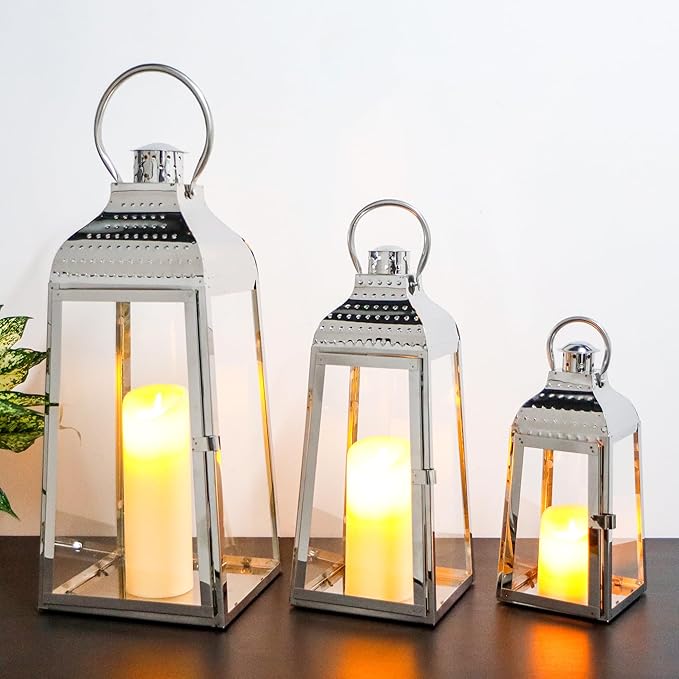 TRIROCKS Set of 3 Stainless Steel Candle Lanterns 20.5''&16''&12''H Decorative Candle Holders with Tempered Glass for Indoor Outdoor Porch Parities and Wedding(Silver)-Ruum Studio Home