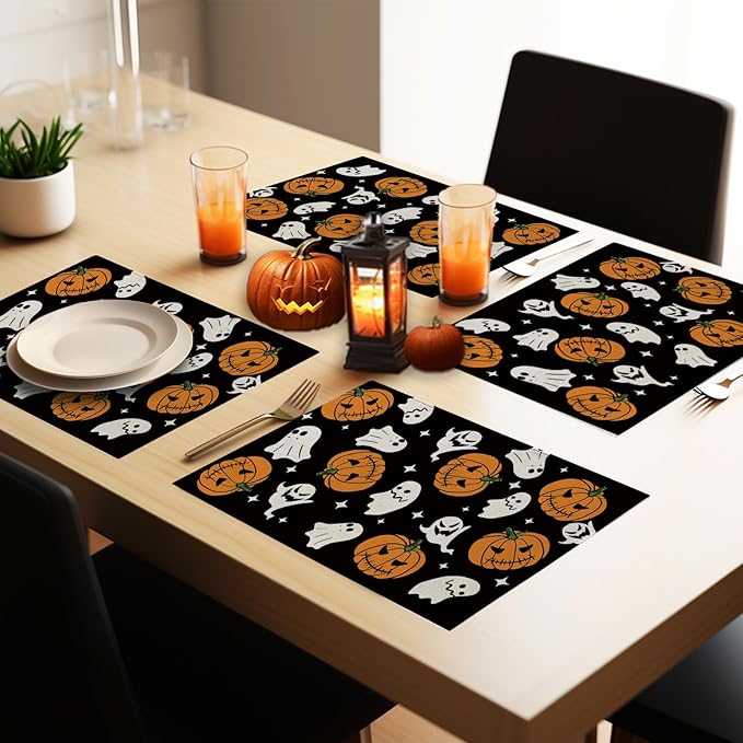 Halloween Placemats Pumpkins Ghost Set of 4 Table Mats Seasonal Home Party Kitchen Dining Table Decorations 12x18 Inch-Ruum Studio Home