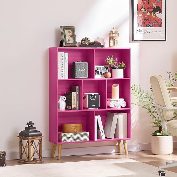LEYAOYAO 7 Cube Bookshelf,3 Tier Book Shelf with Legs,Pink Modern Bookshelf,Large Freestanding Open Toy Modern Bookshelves,Display Bookcases Decor Furniture for Nursery-Ruum Studio Home