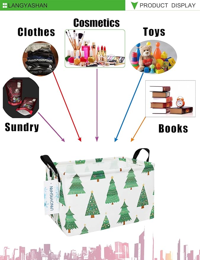 LANGYASHAN Rectangular Storage Bin Collapse Canvas Fabric Cartoon Storage Basket with Handles for Organizing Home Kitchen Boys and Girls Toys Office Closet Shelf Baskets (Rec christmas tree)-Ruum Studio Home
