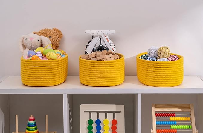 Shelf Storage Baskets for Organizing|Decorative Basket for Closet Storage|Toy Baskets&Bins|Small Woven Rope Baskets-13x8.66x5.11’’,Durable&Stylish,Oval 3 Packs Yellow-Ruum Studio Home