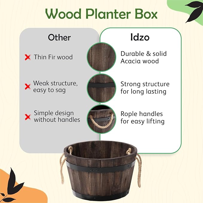 IDZO Set of 3 Wooden Flower Boxes Outdoor, Durable Acacia Wood Barrel Planters for Outdoor Plants with Ergonomic Handles, Drainage Holes, Multiple Sizes Wood Bucket Planter for Home Décor-Ruum Studio Home