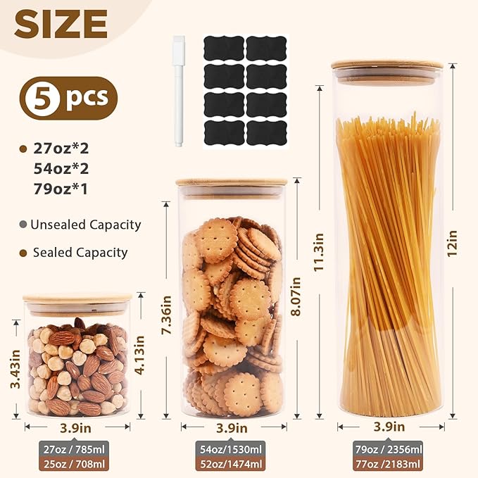 Glass Food Storage Jars, Glass Jars with Bamboo Lids, Kitchen Storage Jars, Canisters with Airtight Lids for Spice, Coffee, Cookie, Set of 5, Pantry Organizers-Ruum Studio Home