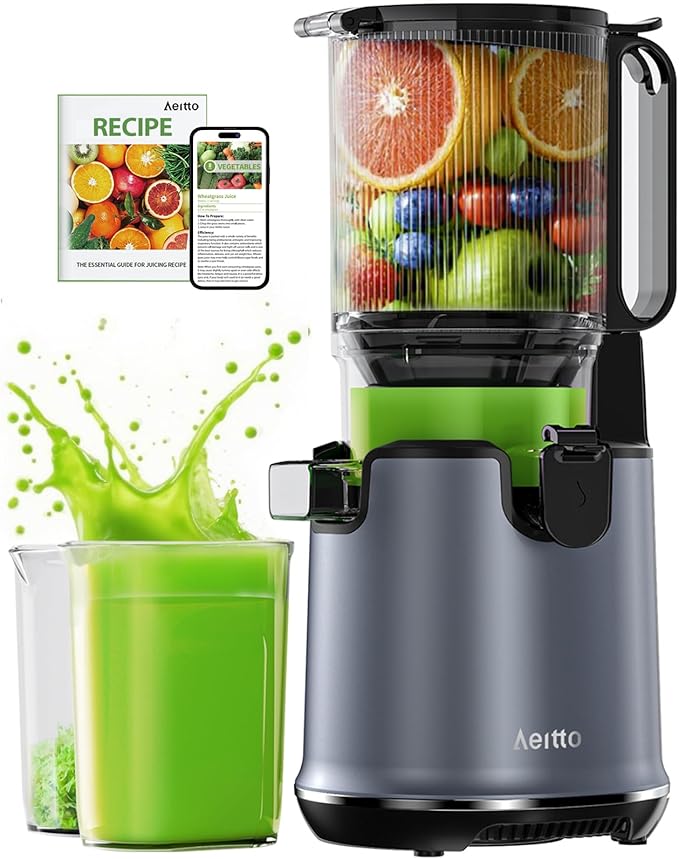 Juicer Machines,Aeitto Cold Press Juicer with 5.3“ Extra Large Feed Chute for Whole Fruits & Vegetables, Slow Masticating Juice Extractor, Self Feeding, Easy to Clean, High Juice Yield, Grey-Ruum Studio Home