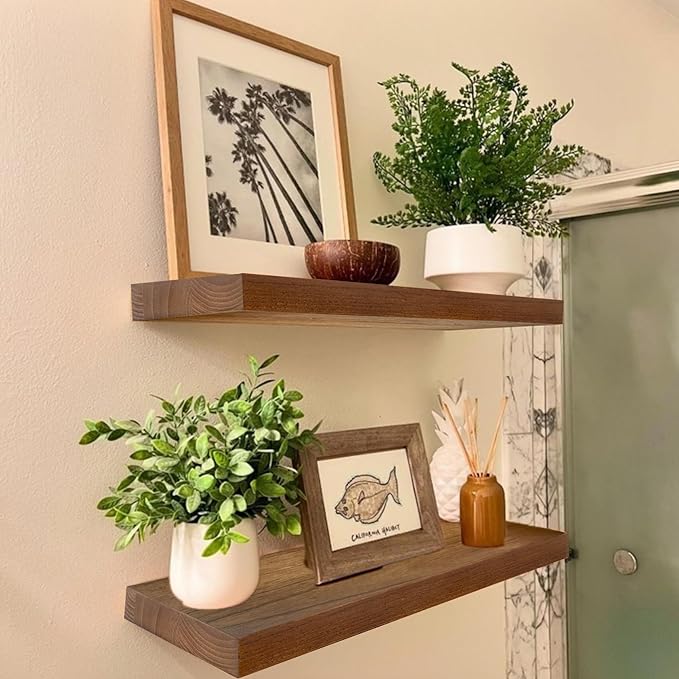 IAE Walnut Floating Wall Shelves 16 inch, Bathroom Shelves Wall Mounted,Invisible Shelf Floating Kitchen Shelves,Wooden Wall Shelving with Brackets for Living Room Wall Mounted,Easy Install,Set of 2-Ruum Studio Home