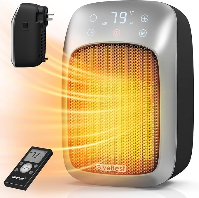 GiveBest 800W Plug-in Wall Space Heater With Remote, Small Outlet Heater With Adjustable Thermostat, 12H Timer, LED Display for RV, Home Office, Bathroom Indoor Use-Ruum Studio Home