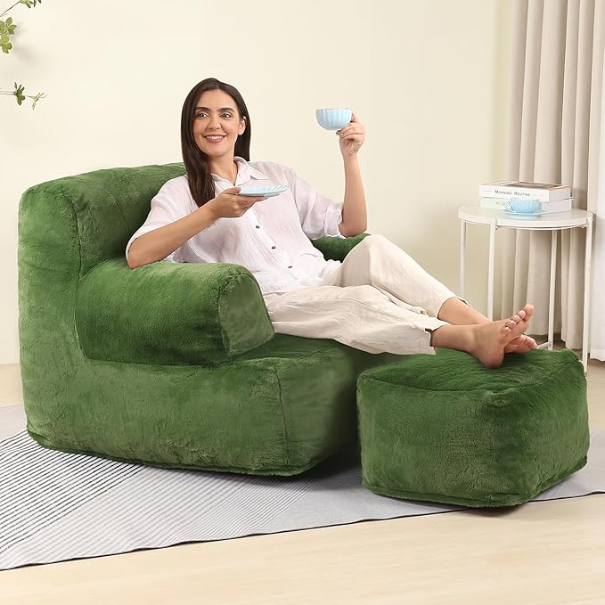 Comfy Gaint Bean Bag Chair with Ottoman, Huge Bean Bag Armchair for Adults and Teens, Green-Ruum Studio Home
