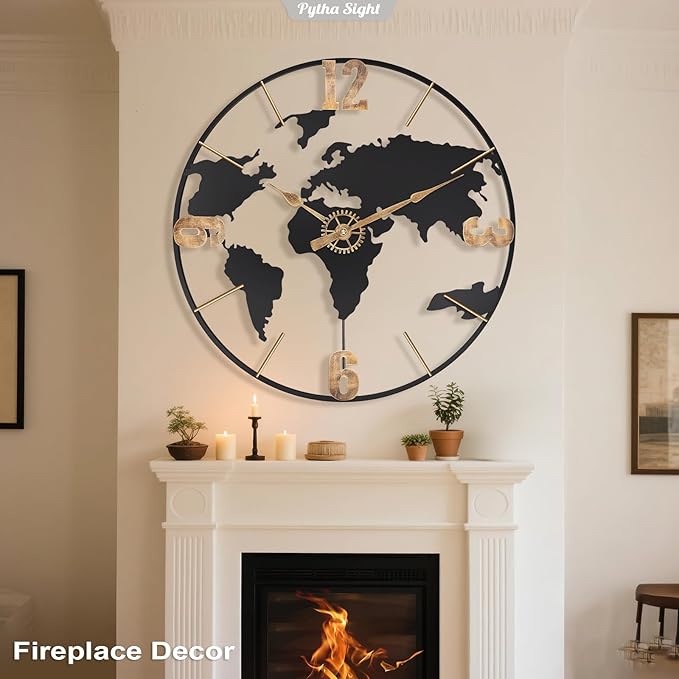 24 Inch Large Wall Clock,Modern Decorative Big World Map with Vintage Gold Arabic Numeral Extra Giant Metal Oversized Wall Clocks for Living Room,Office,Kitchen,Dining Room,Bedroom-Ruum Studio Home