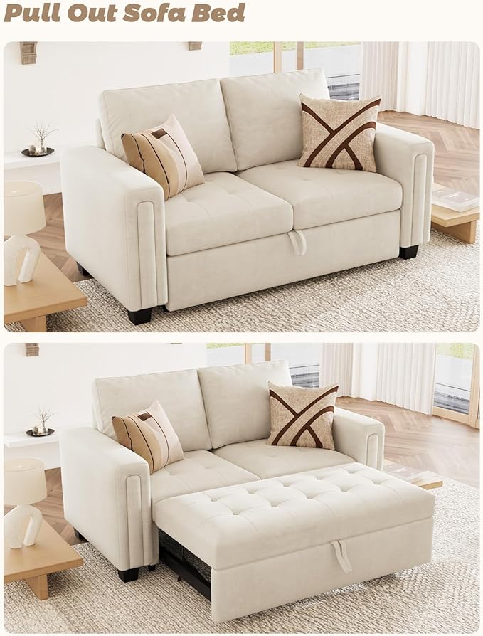 Belffin Modular Sectional Sleeper Sofa with Pull Out Couch Bed Modular Sleeper Loveseat Sectional Sofa Velvet Fabric for Living Room Apartment Beige-Ruum Studio Home