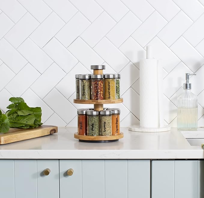 Orii 16 Jar Spice Rack with Spices Included - Rotating Countertop 2 Tier Tower Organizer for Kitchen Spices and Seasonings, (Bamboo Wood)-Ruum Studio Home