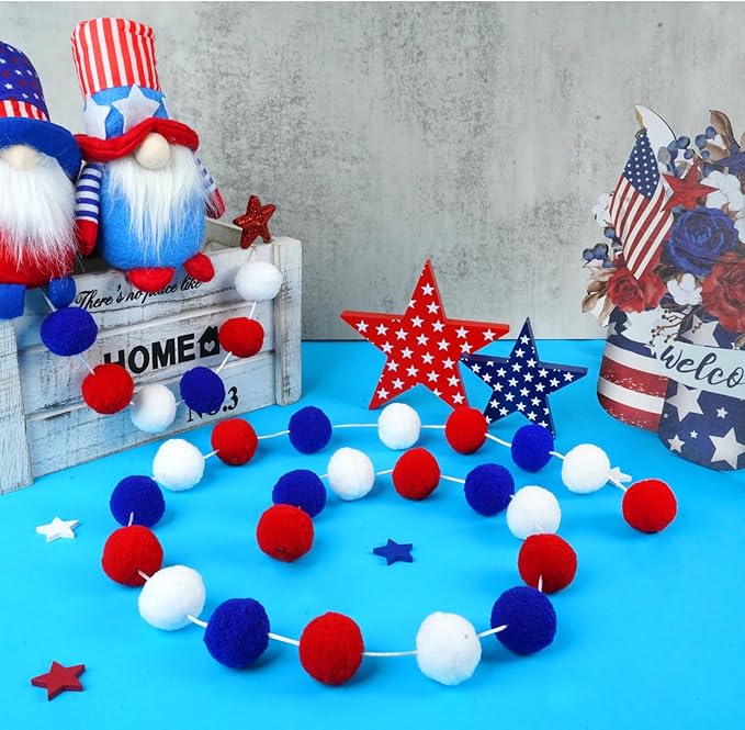 TBD Decor 3pk 4th of July Decorations Patriotic Red White Blue Pom Pom Garland 20FT 4cm Large Felt Ball Garland for Independence Day,Party Home Supplies Decorations-Ruum Studio Home