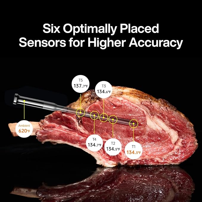 Sync Gold Wireless WiFi Meat Thermometer, 2 Slim Probes, 6 Sensors, 10x Stronger Signal, ±0.5℉ Accuracy, Smart Base Direct Setup, Reliable Reading Through Kamado Grill, BBQ, Oven, Smoker, Air Fryer-Ruum Studio Home