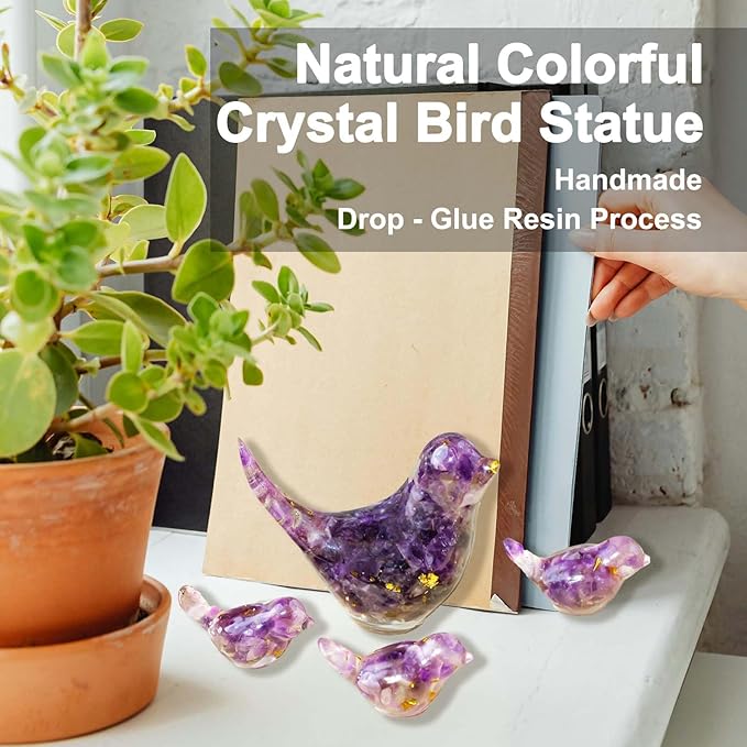 Crystal Bird Figurines, Resin Animal Statues, Miniature Decorative Gravel Birds, Home Decor (4PCS-Amethyst)-Ruum Studio Home