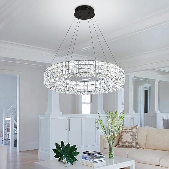 Dia 24" Modern Crystal Chandelier Black Ring Chandelier Adjustable Height Luxury Crystal Pendant Ceiling Light Fixture for Dining Living Room Bedroom-Ruum Studio Home