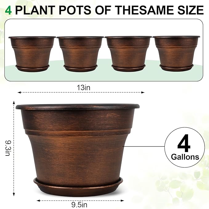Plant Planters Pots Set of 4 Pack 13 Inch，Large Plastic Flower Pot for Indoor Plants with Drainage Holes & Trays, Resin Decorative Container Sets with Saucer for House Outdoor Garden Plant Copper-Ruum Studio Home