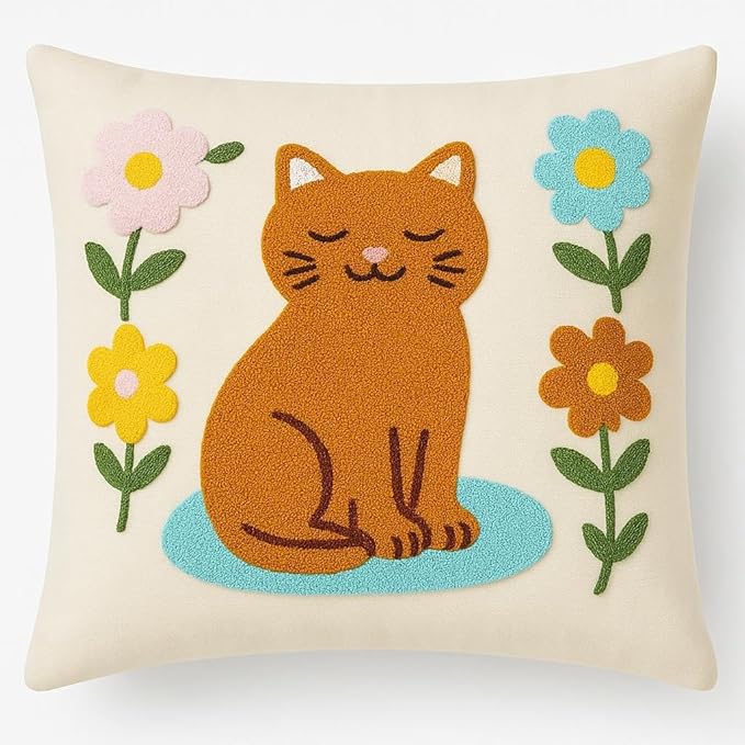 katre home madame & textile Cat Throw Pillow Cover – 100% Cotton Embroidered Decorative Cushion Case 18x18 – Handmade Punch Needle Pillow for Sofa, Bed, Couch or Gift for Cat Lovers-Ruum Studio Home