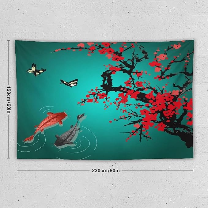 Houselerax Japanese Koi Fish Tapestry, Cherry Blossoms Asian Oriental Green Teal Floral Branch Koi Fish Carp Tapestries Wall Hanging for Bedroom Living Room Office Decor 90"x60"-Ruum Studio Home