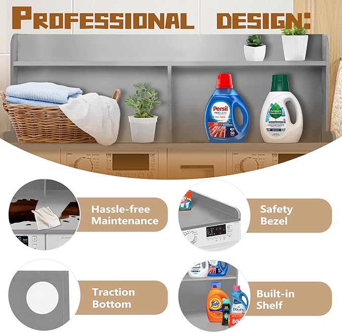 Royxen 2-Tier Washer Dryer Countertop,19.5"H Wood Washer and Dryer Topper with Storage Shelf,Laundry Countertop Over Washer Machine, Universal Fit for Laundry Room Organization (Grey,54"W X 27.5"D)-Ruum Studio Home